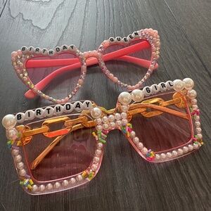 2 Birthday Girl / Queen Pink Sunglasses with Pearls, Gems, Beads, Letter Glasses